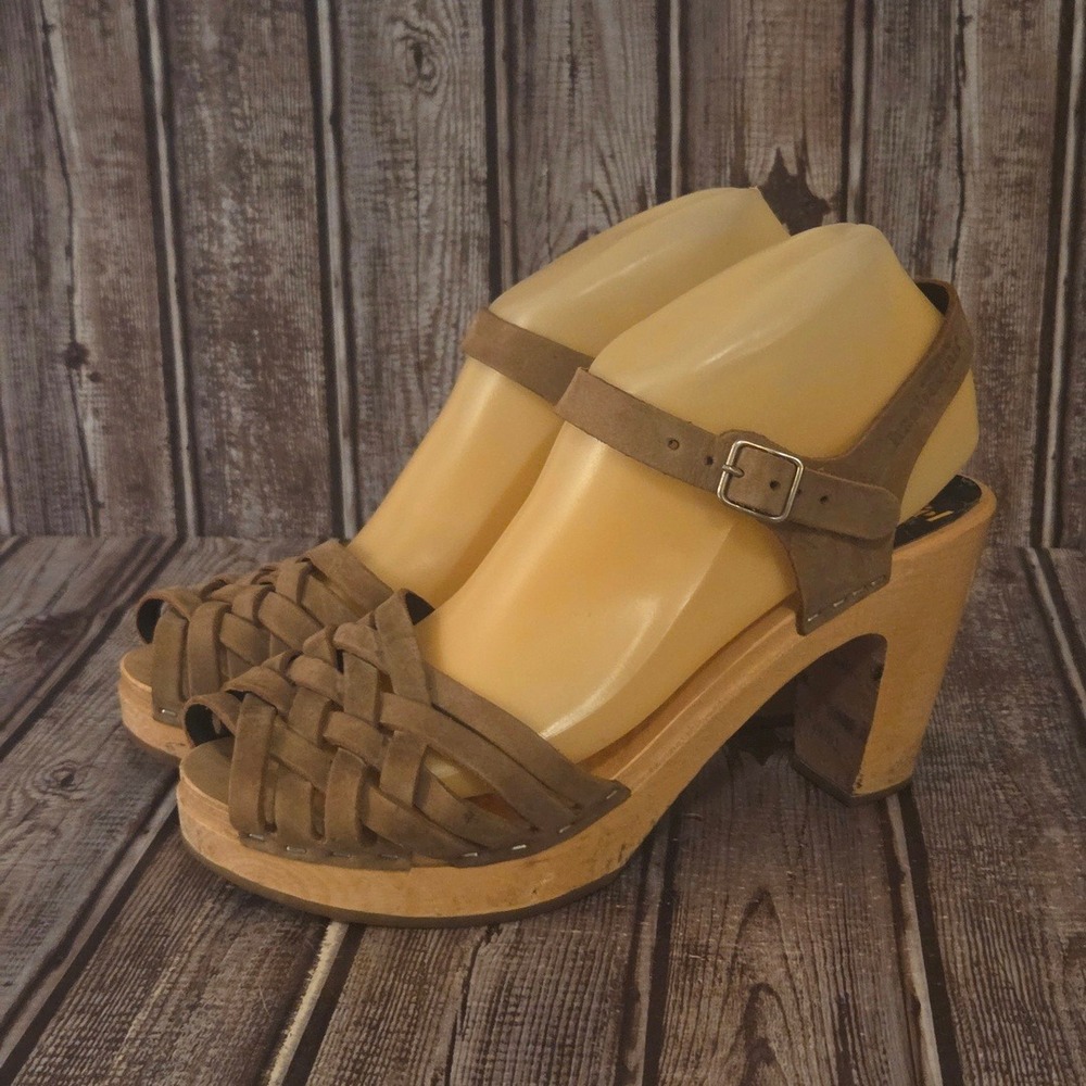 Sz 39 / 9 Swedish Hasbeens‎ Toffel Braided Sky High Brown Wood Clog Sandals VGUC